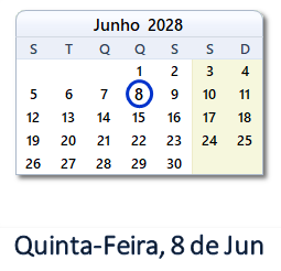 8 Junho 2028 calendario