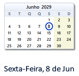 8 Junho 2029 calendario
