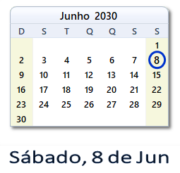 8 Junho 2030 calendario