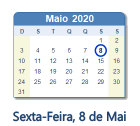 8 Maio 2020 calendario