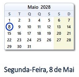 8 Maio 2028 calendario