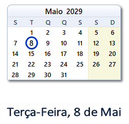 8 Maio 2029 calendario