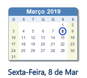 8 Março 2019 calendario