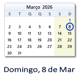 8 Março 2026 calendario