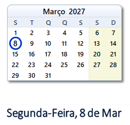 8 Março 2027 calendario