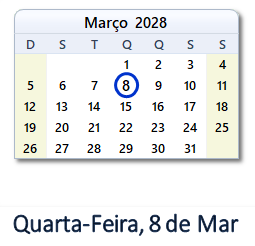 8 Março 2028 calendario