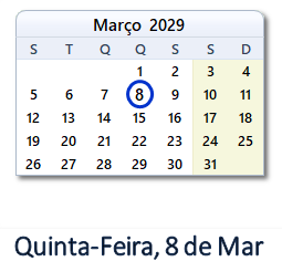 8 Março 2029 calendario