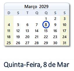 8 Março 2029 calendario