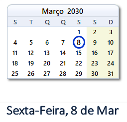 8 Março 2030 calendario