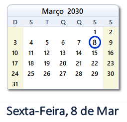 8 Março 2030 calendario