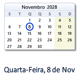 8 Novembro 2028 calendario