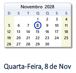 8 Novembro 2028 calendario