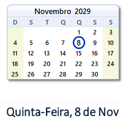 8 Novembro 2029 calendario