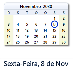 8 Novembro 2030 calendario