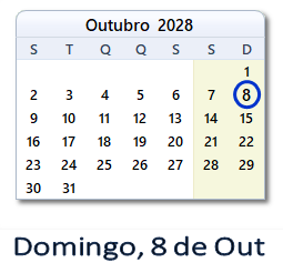 8 Outubro 2028 calendario