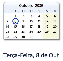 8 Outubro 2030 calendario