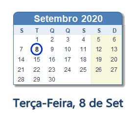 8 Setembro 2020 calendario
