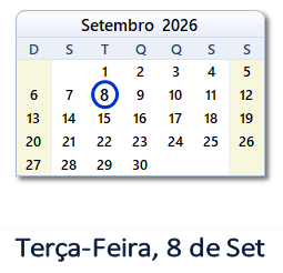8 Setembro 2026 calendario
