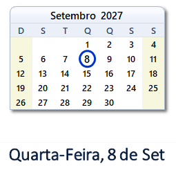8 Setembro 2027 calendario