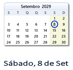 8 Setembro 2029 calendario