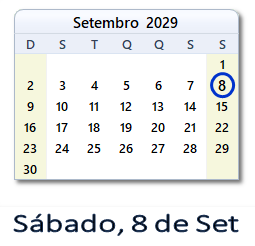 8 Setembro 2029 calendario