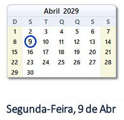 9 Abril 2029 calendario