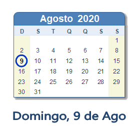 9 Agosto 2020 calendario