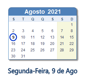 9 Agosto 2021 calendario