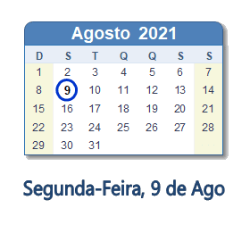 9 Agosto 2021 calendario