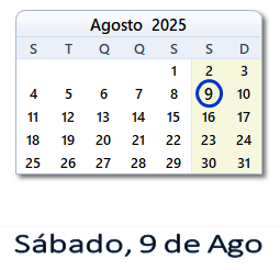 9 Agosto 2025 calendario