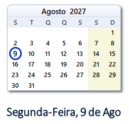 9 Agosto 2027 calendario