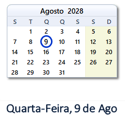 9 Agosto 2028 calendario