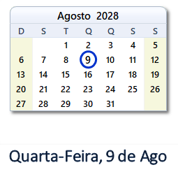 9 Agosto 2028 calendario