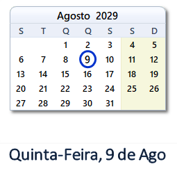 9 Agosto 2029 calendario