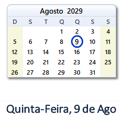 9 Agosto 2029 calendario