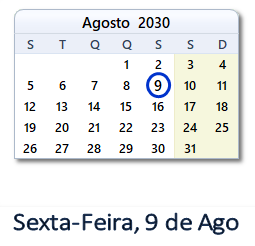 9 Agosto 2030 calendario