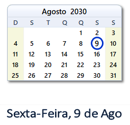 9 Agosto 2030 calendario