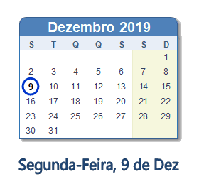 9 Dezembro 2019 calendario