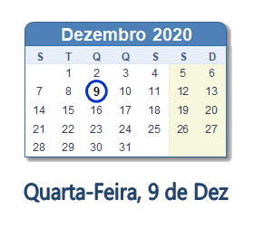 9 Dezembro 2020 calendario
