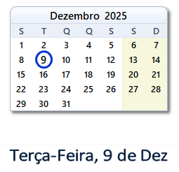 9 Dezembro 2025 calendario
