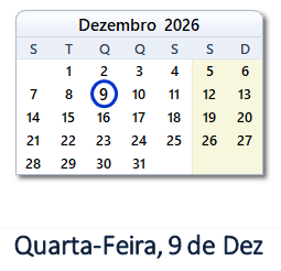 9 Dezembro 2026 calendario