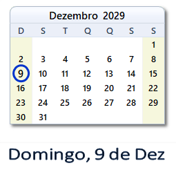 9 Dezembro 2029 calendario