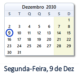 9 Dezembro 2030 calendario