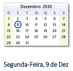 9 Dezembro 2030 calendario