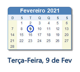 9 Fevereiro 2021 calendario