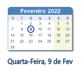 9 Fevereiro 2022 calendario