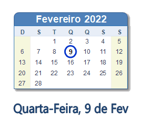 9 Fevereiro 2022 calendario
