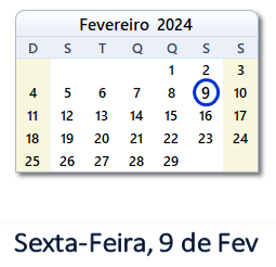 8 de Fev, 2024 Calendário com Feriados e Cont. Regressiva - BRA