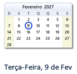 9 Fevereiro 2027 calendario