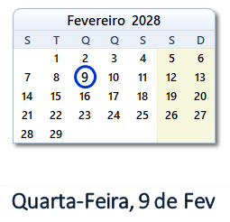 9 Fevereiro 2028 calendario